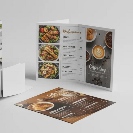 A high-quality, realistic product photo of custom printed tri-fold restaurant menus displayed on a clean table or studio background. Show multiple menus opened and half-folded to clearly reveal three panels and crisp folds. Include several menu styles — a modern burger menu, a Mediterranean cuisine menu, and a coffee shop menu — each with elegant typography and food imagery (no brand names). The menus should look professionally printed on glossy or matte cardstock, with vibrant colors and neat layout. Use s