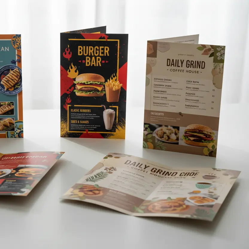 A high-quality, realistic product photo of custom printed trifold restaurant menus displayed on a clean tabletop. Show several menus opened and folded at different angles to highlight the folds and sections. Include various restaurant-style designs — one with Mediterranean cuisine, one modern burger menu, one coffee shop theme — all with readable text and photos but no real brand names. Menus should look professionally printed on glossy cardstock, with rich colors and elegant typography. Use soft natural li