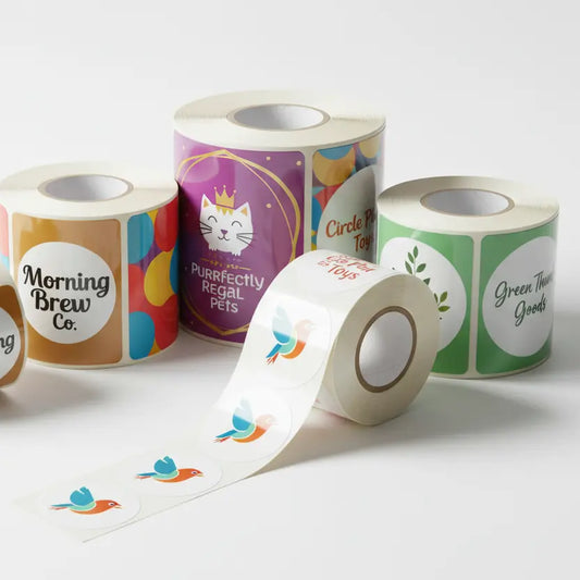 A realistic, high-quality product photo of custom roll label stickers in a clean studio setting — multiple sticker rolls displayed together, each with different colorful brand logos and designs printed on them. Stickers should be rounded in shape, showing glossy texture and smooth rolled edges. Lighting should be soft and professional, white or light neutral background with subtle shadows to make the rolls pop. Show variety in sizes (2x2 and 3.5x3.5), arranged aesthetically with one roll unspooling slightly